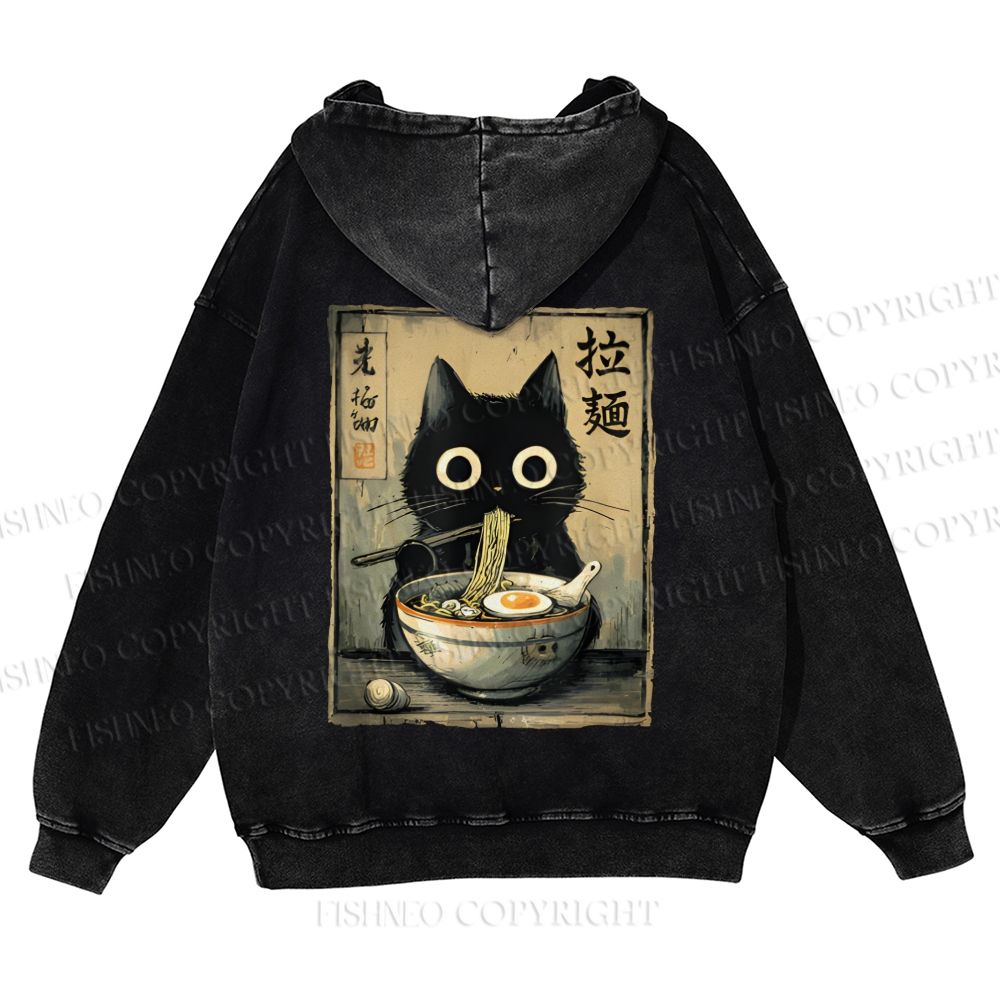 Casual Cat Eating Ramen Printed Washed Hoodie