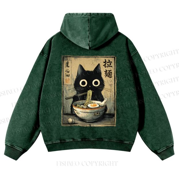 Casual Cat Eating Ramen Printed Washed Hoodie