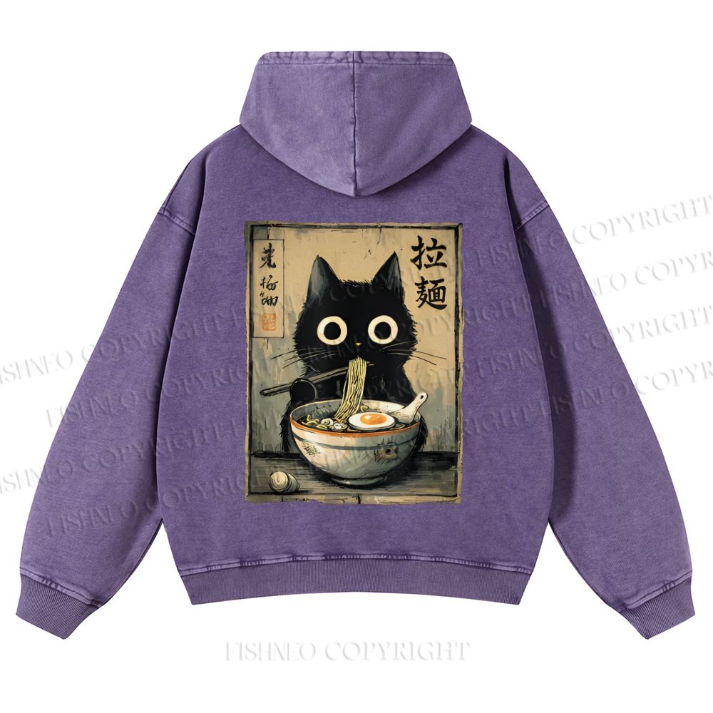 Casual Cat Eating Ramen Printed Washed Hoodie