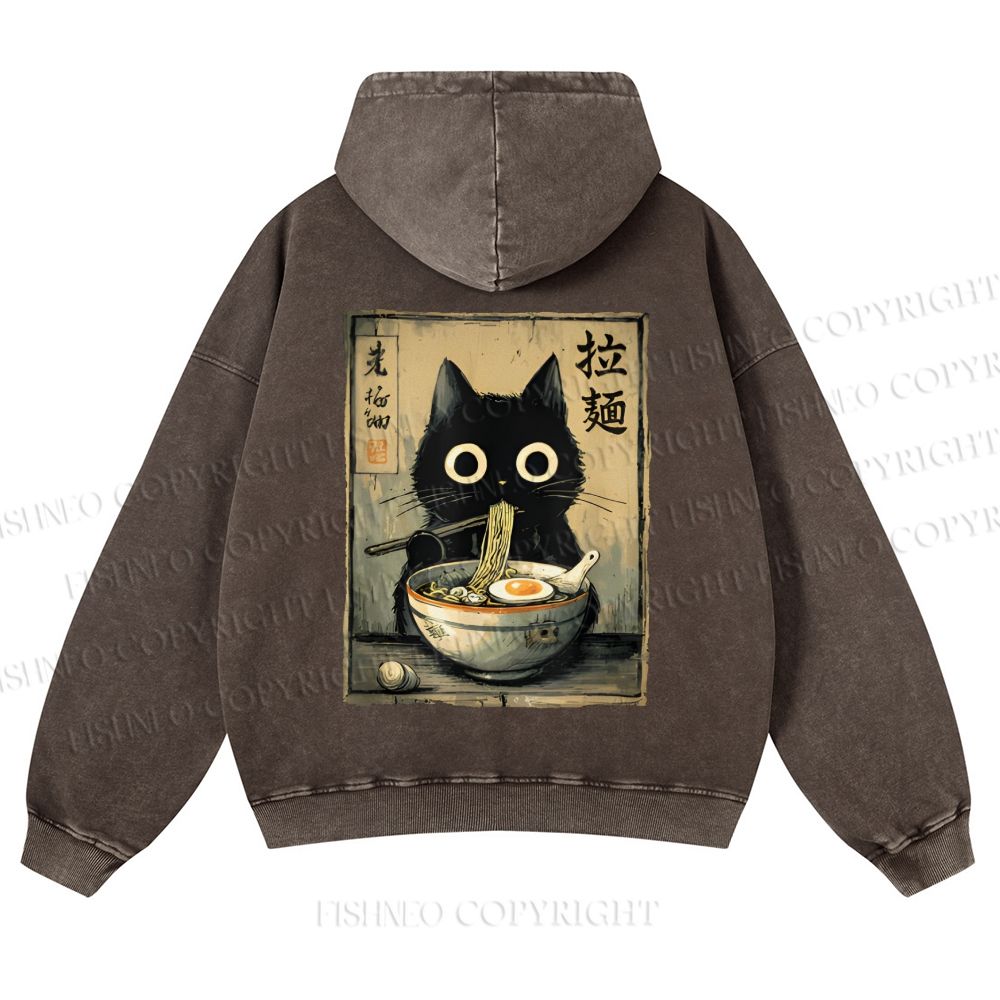 Casual Cat Eating Ramen Printed Washed Hoodie