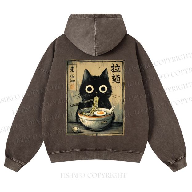 Casual Cat Eating Ramen Printed Washed Hoodie