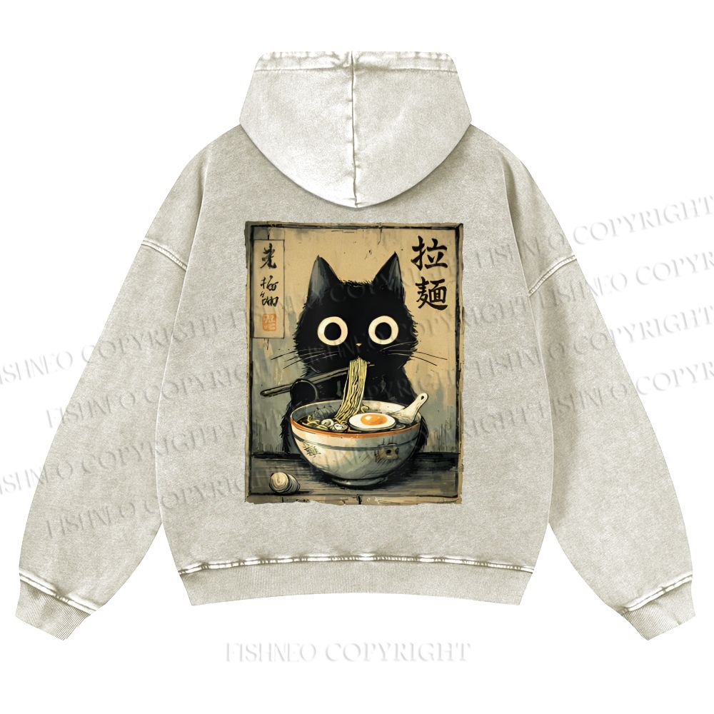 Casual Cat Eating Ramen Printed Washed Hoodie