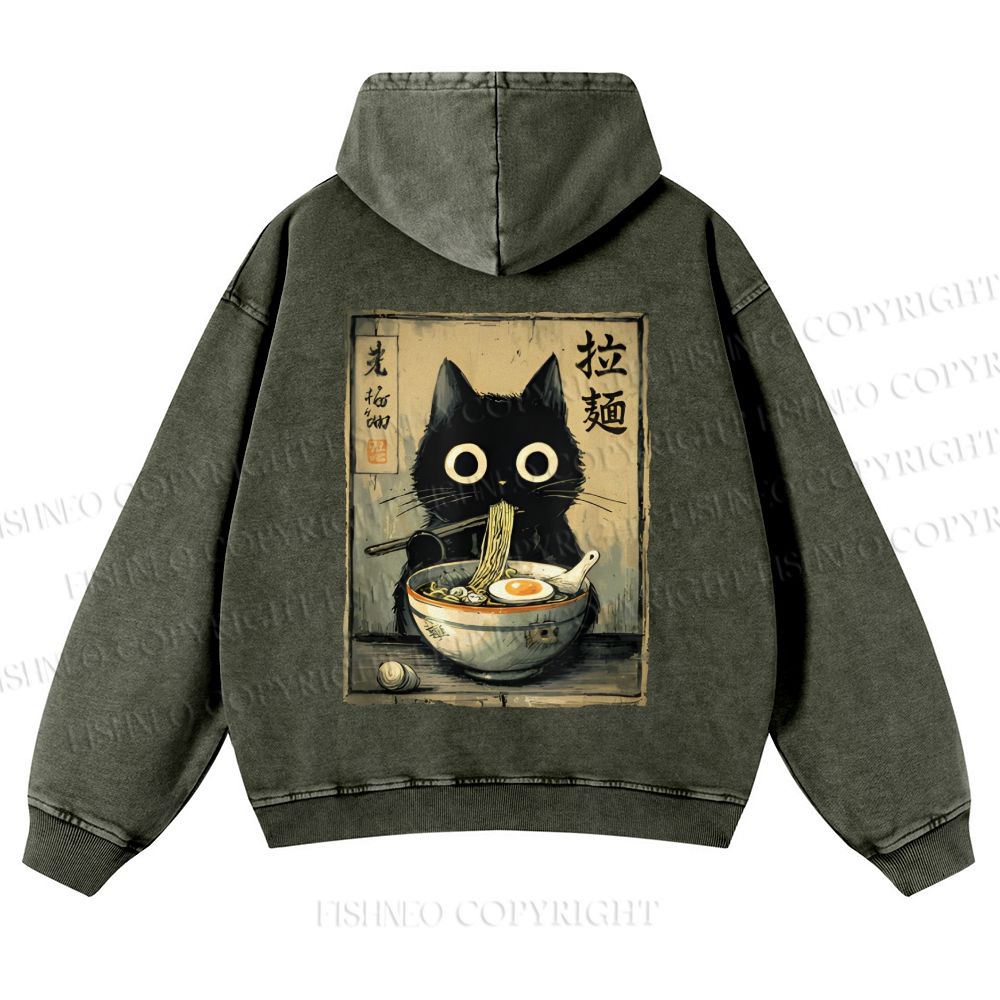 Casual Cat Eating Ramen Printed Washed Hoodie