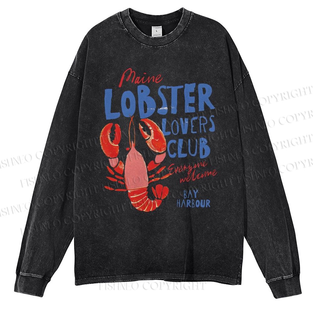 Unisex Casual Washed Maine Lobster Lovers Club Printed Long Sleeve T-shirt