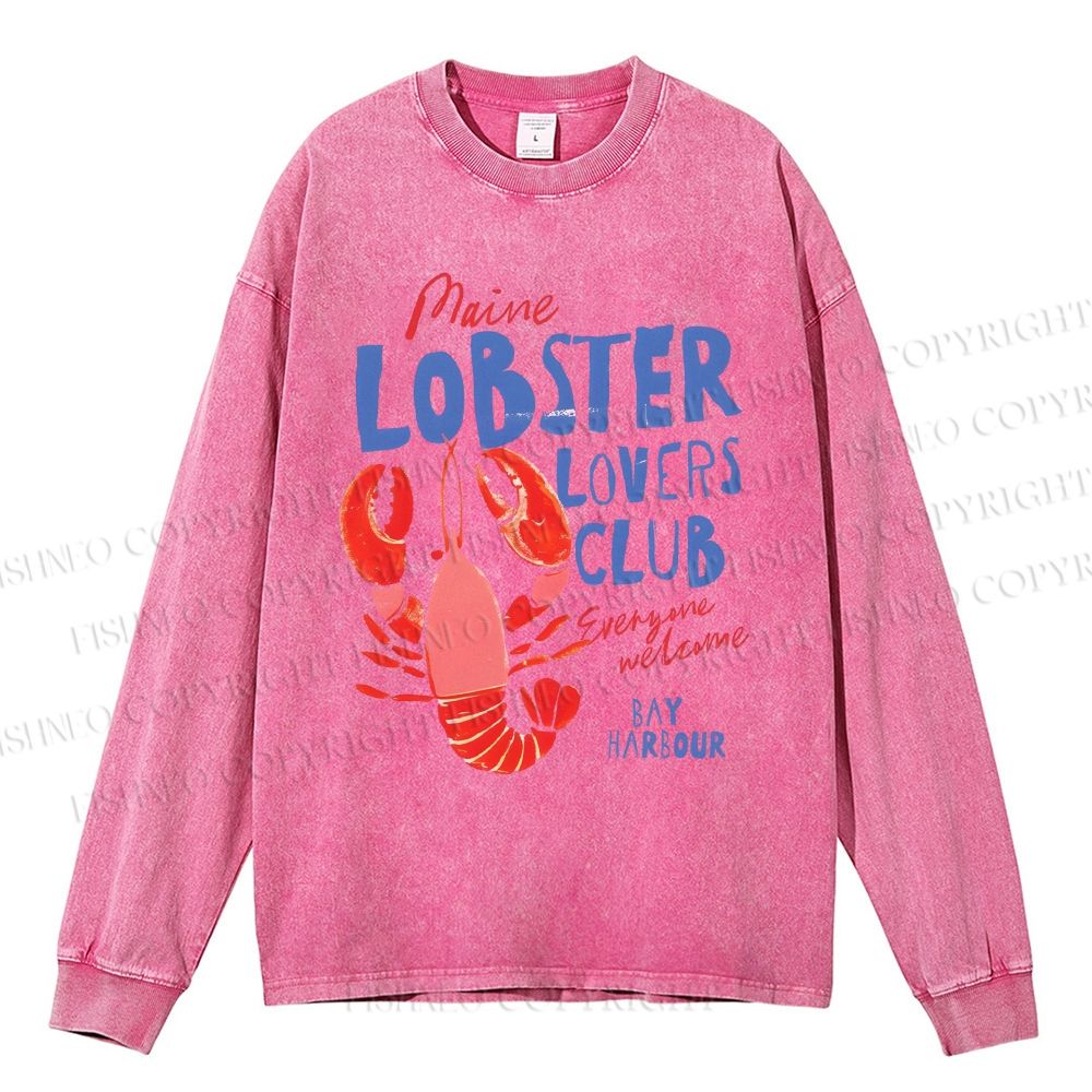 Unisex Casual Washed Maine Lobster Lovers Club Printed Long Sleeve T-shirt