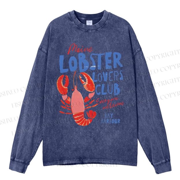 Unisex Casual Washed Maine Lobster Lovers Club Printed Long Sleeve T-shirt
