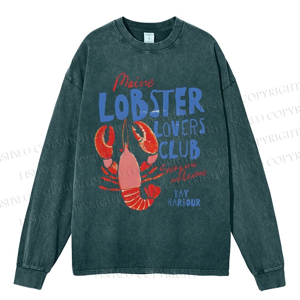 Unisex Casual Washed Maine Lobster Lovers Club Printed Long Sleeve T-shirt