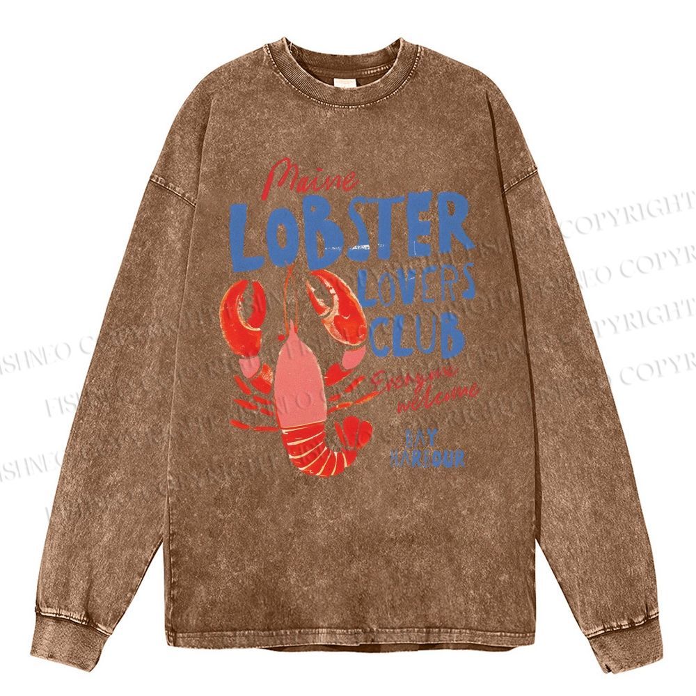 Unisex Casual Washed Maine Lobster Lovers Club Printed Long Sleeve T-shirt