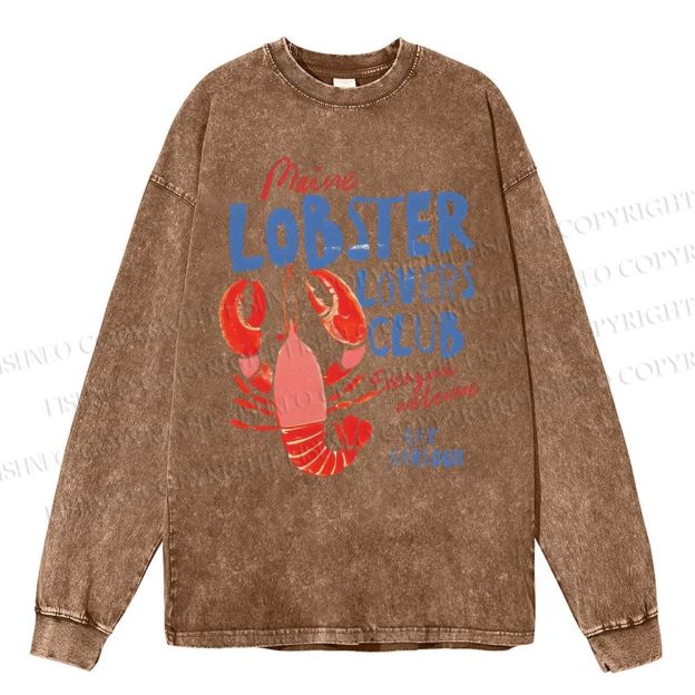 Unisex Casual Washed Maine Lobster Lovers Club Printed Long Sleeve T-shirt