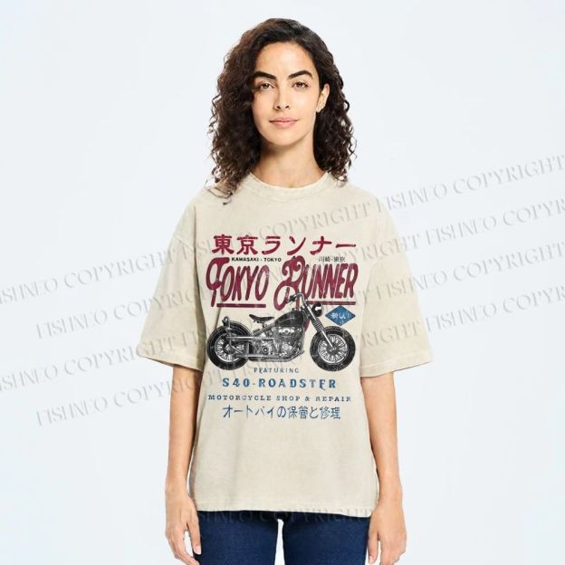 Unisex Kawasaki Motorcycle Bike Vintage Printed Washed Tee