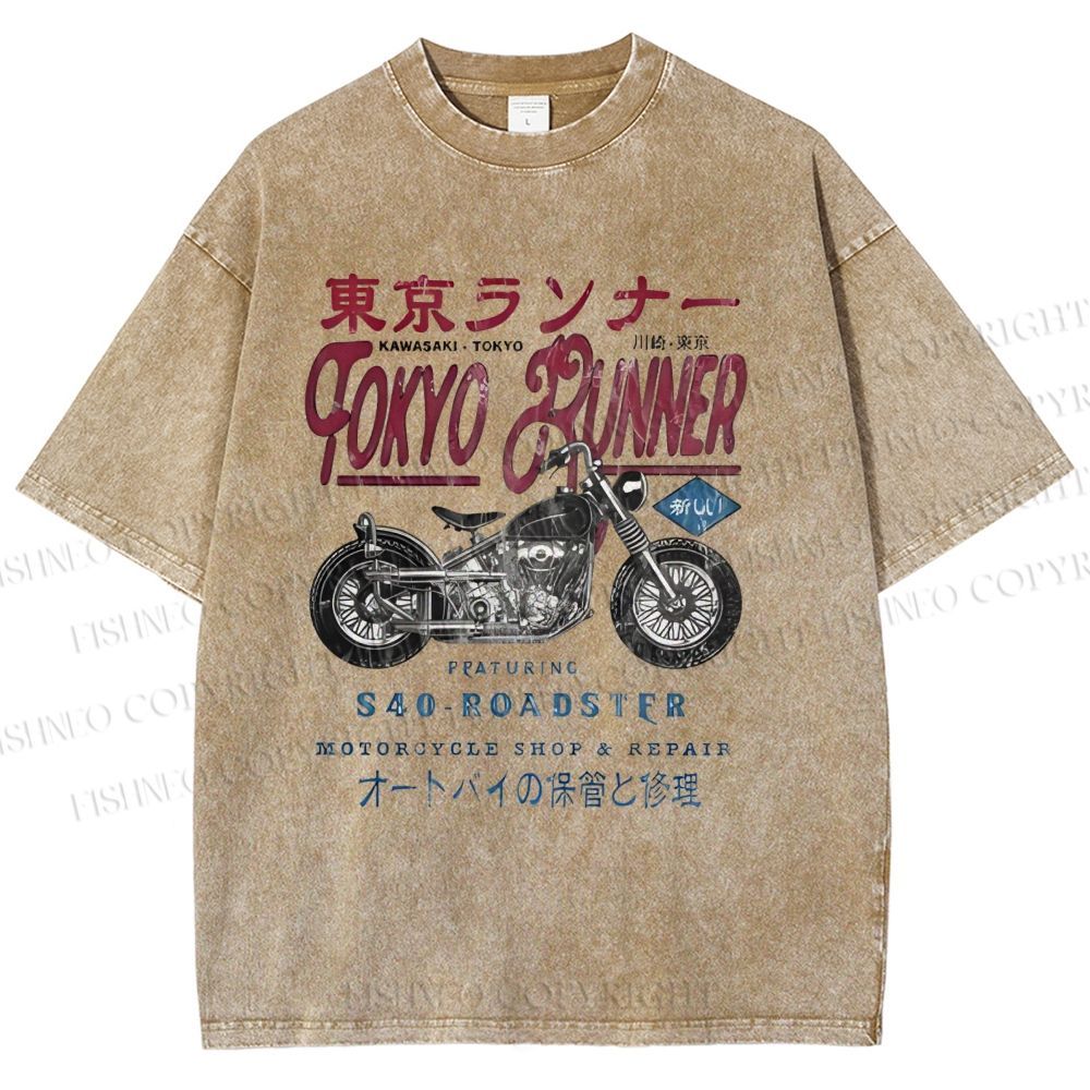 Unisex Kawasaki Motorcycle Bike Vintage Printed Washed Tee
