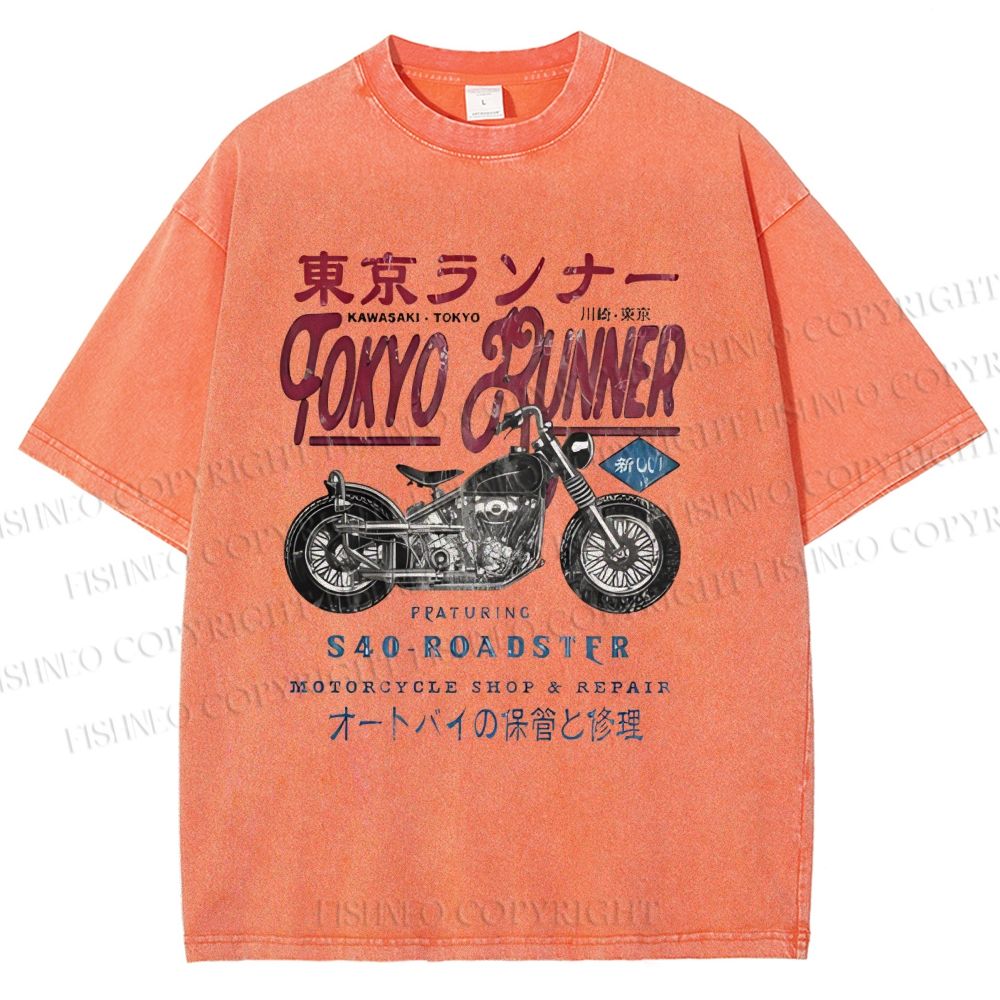 Unisex Kawasaki Motorcycle Bike Vintage Printed Washed Tee