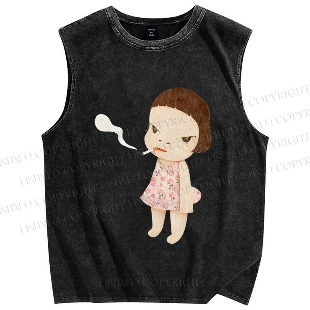 Unisex Yoshitomo Nara Smoking Girl Printed Washed Tank Top