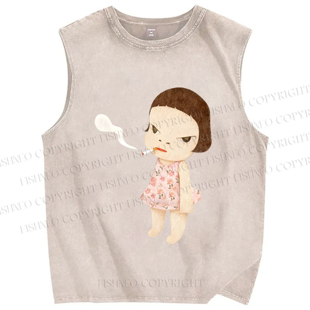 Unisex Yoshitomo Nara Smoking Girl Printed Washed Tank Top