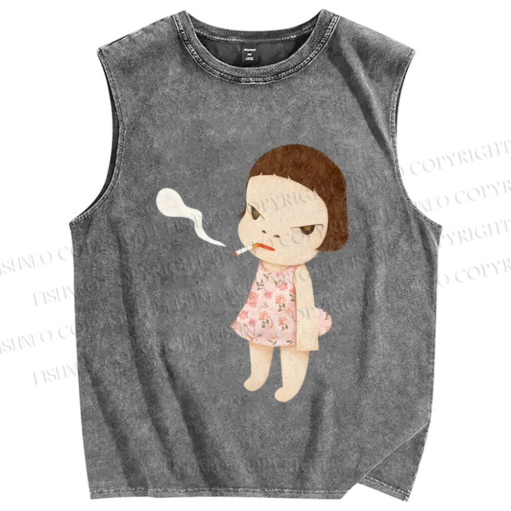Unisex Yoshitomo Nara Smoking Girl Printed Washed Tank Top
