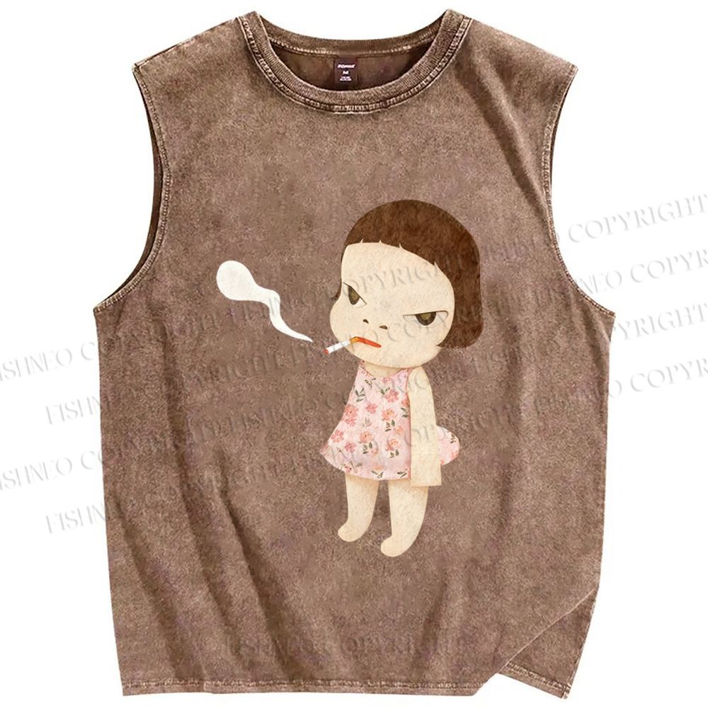 Unisex Yoshitomo Nara Smoking Girl Printed Washed Tank Top