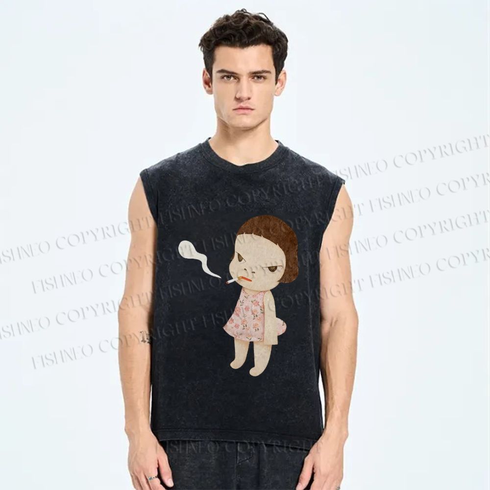 Unisex Yoshitomo Nara Smoking Girl Printed Washed Tank Top