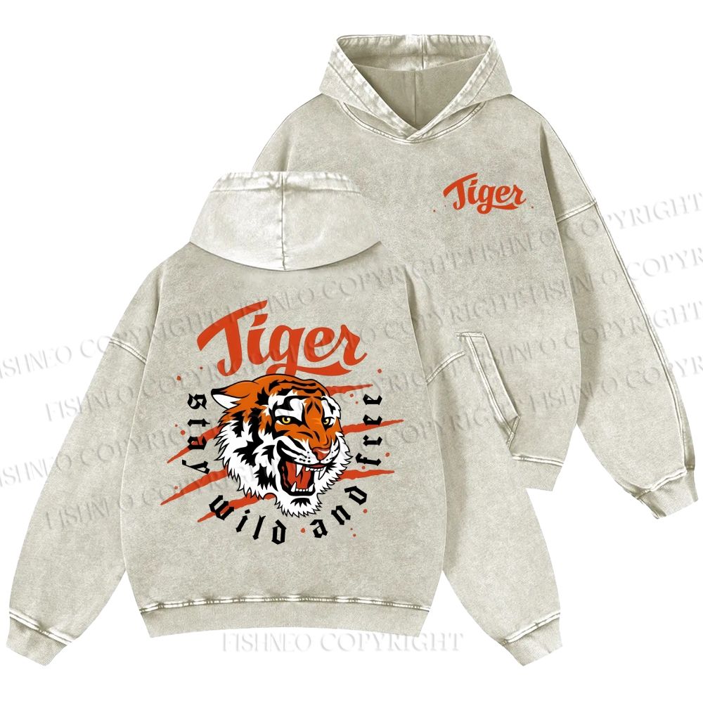 Unisex Casual Tiger Printed Double-sided Washed Hoodie