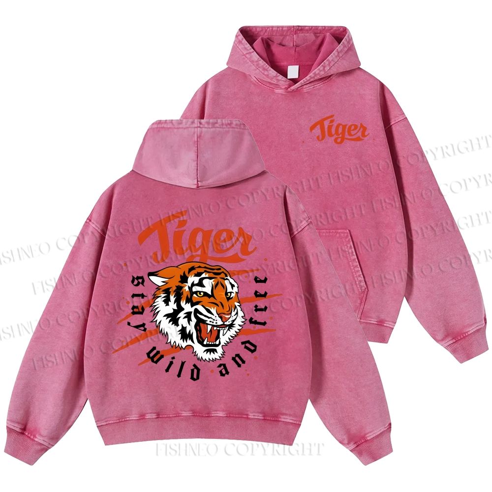 Unisex Casual Tiger Printed Double-sided Washed Hoodie