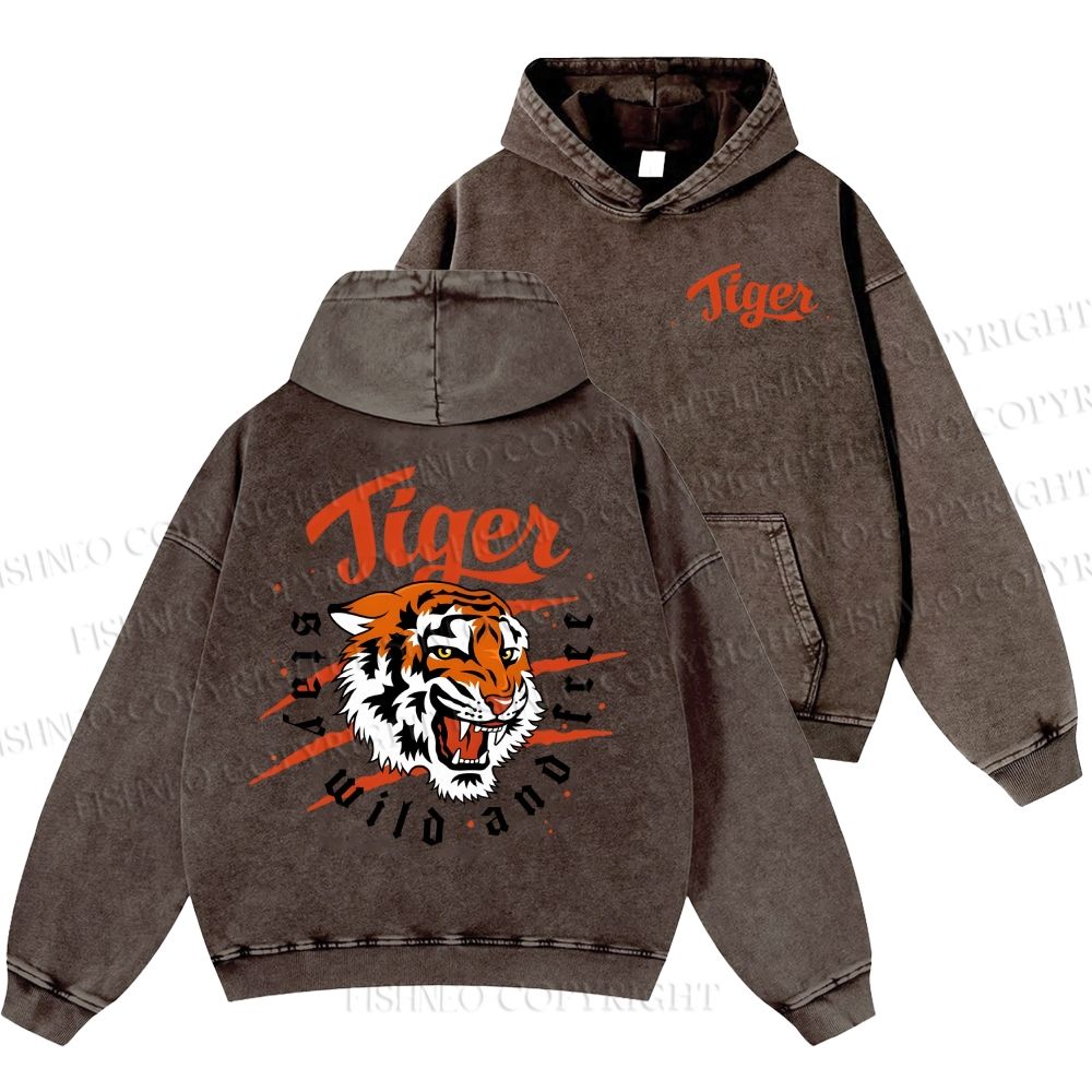Unisex Casual Tiger Printed Double-sided Washed Hoodie