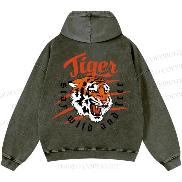 Unisex Casual Tiger Printed Double-sided Washed Hoodie