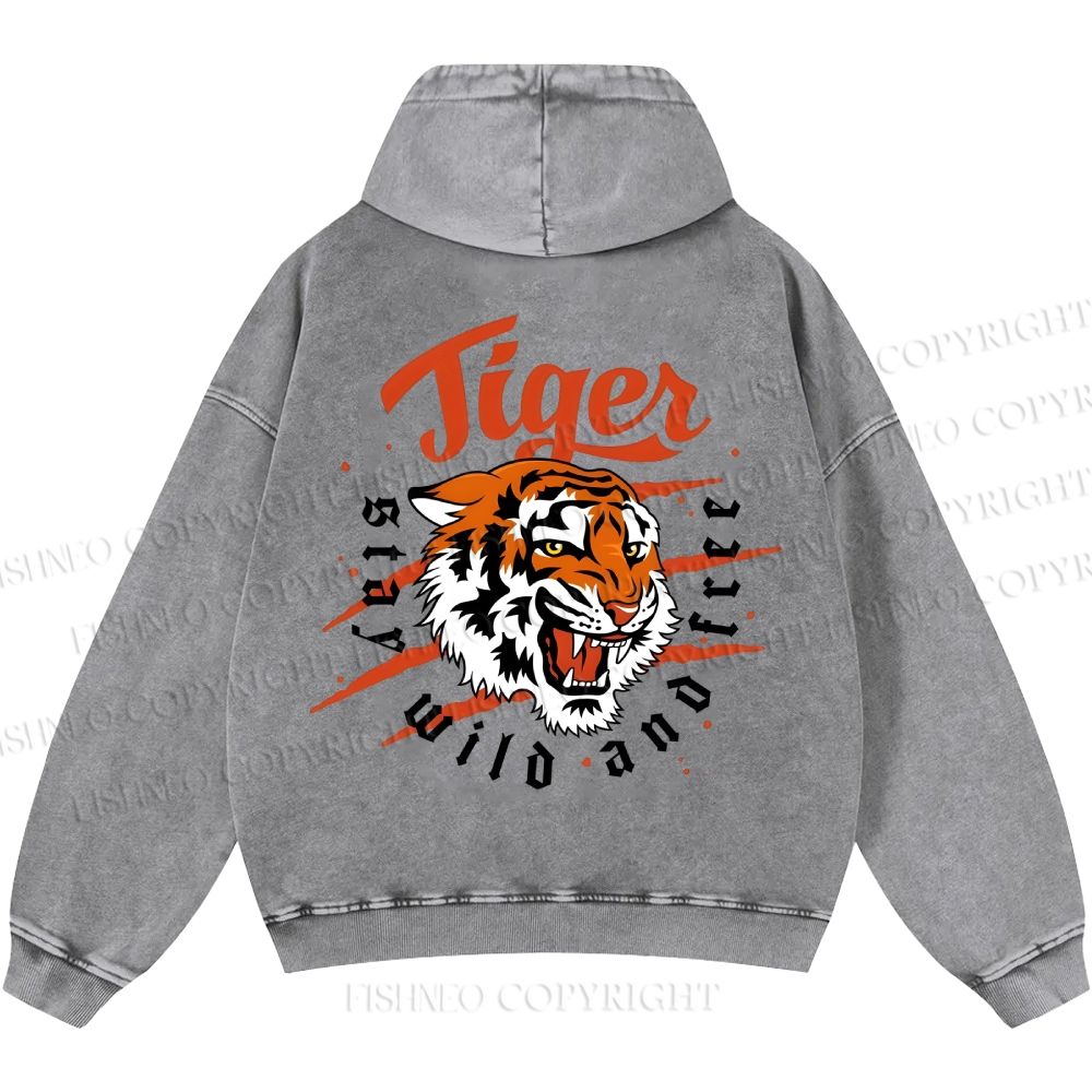 Unisex Casual Tiger Printed Double-sided Washed Hoodie