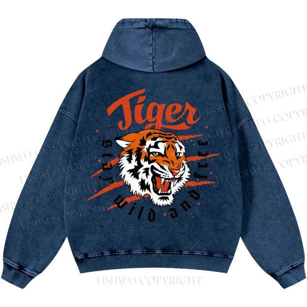 Unisex Casual Tiger Printed Double-sided Washed Hoodie