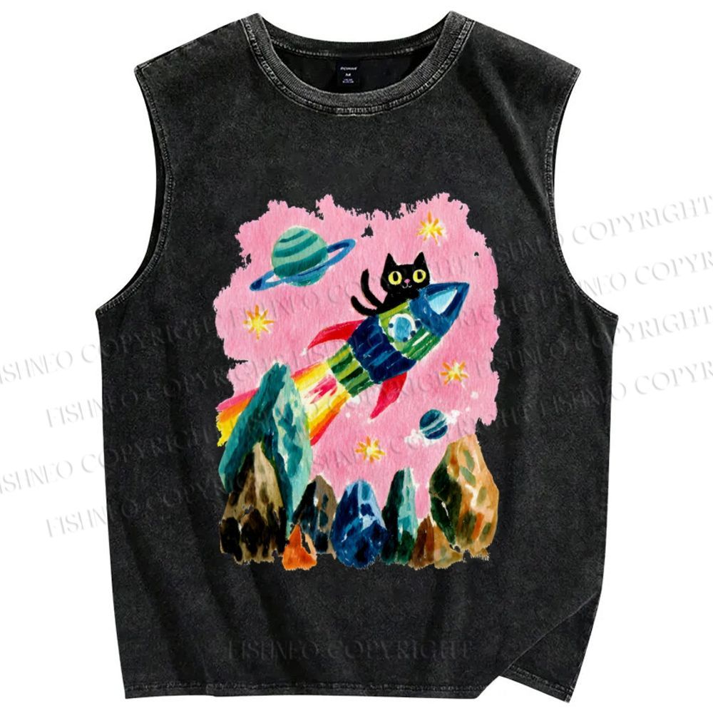 Unisex Black Cat on Rocket Printed Washed Tank Top