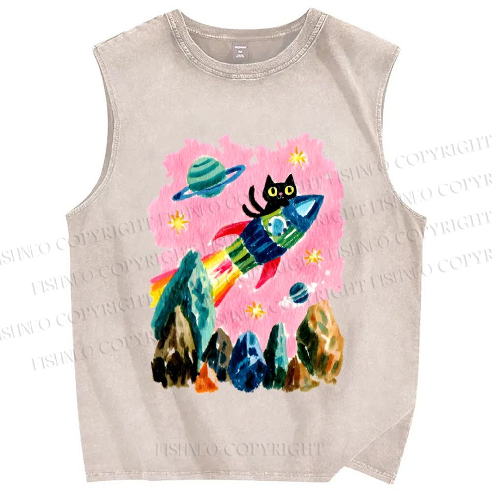 Unisex Black Cat on Rocket Printed Washed Tank Top