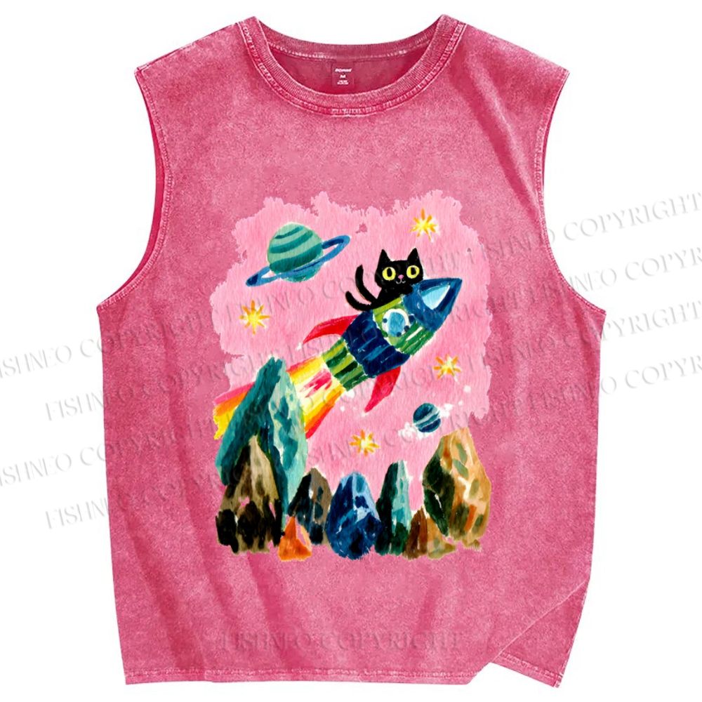 Unisex Black Cat on Rocket Printed Washed Tank Top
