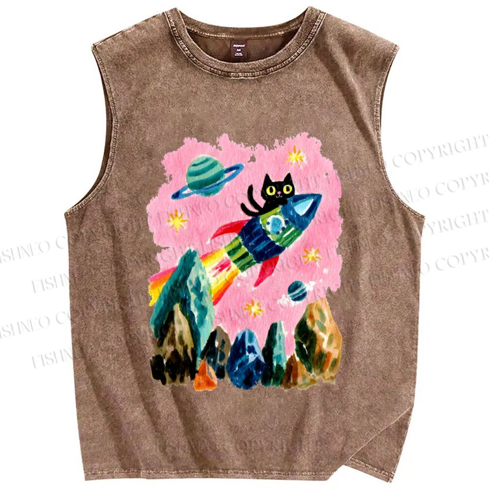 Unisex Black Cat on Rocket Printed Washed Tank Top