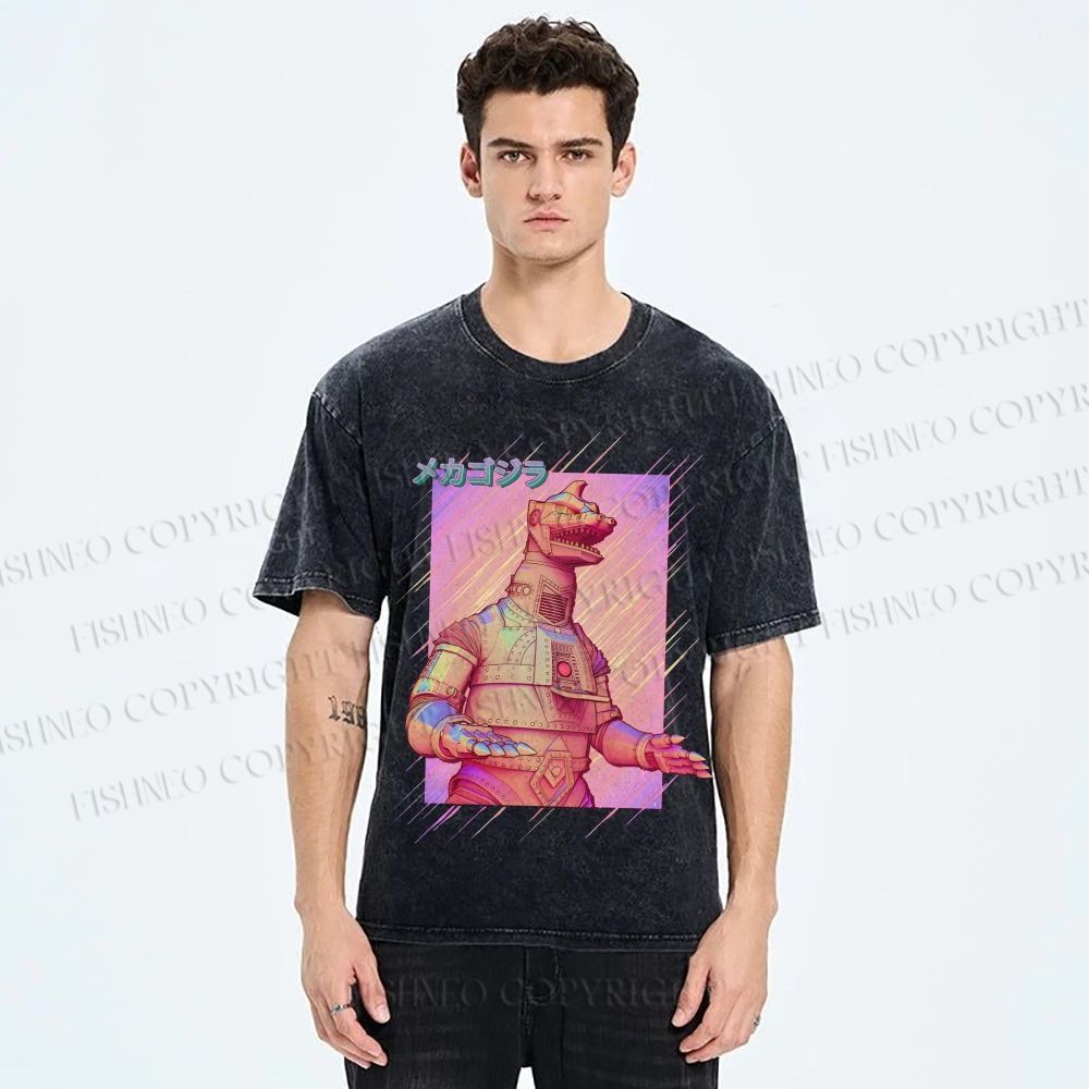 Unisex Pink MechaGodzilla Printed Washed Tee