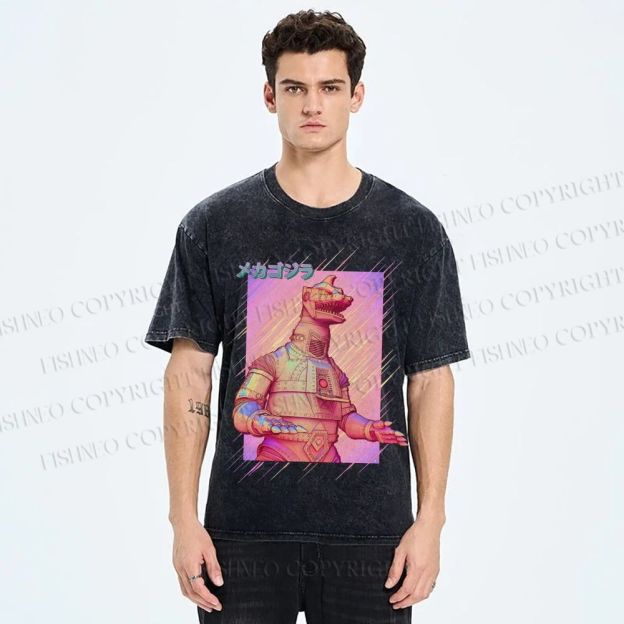 Unisex Pink MechaGodzilla Printed Washed Tee