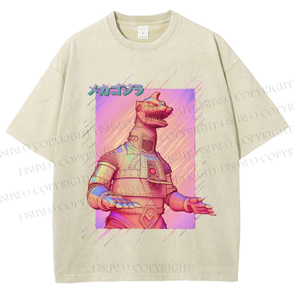 Unisex Pink MechaGodzilla Printed Washed Tee