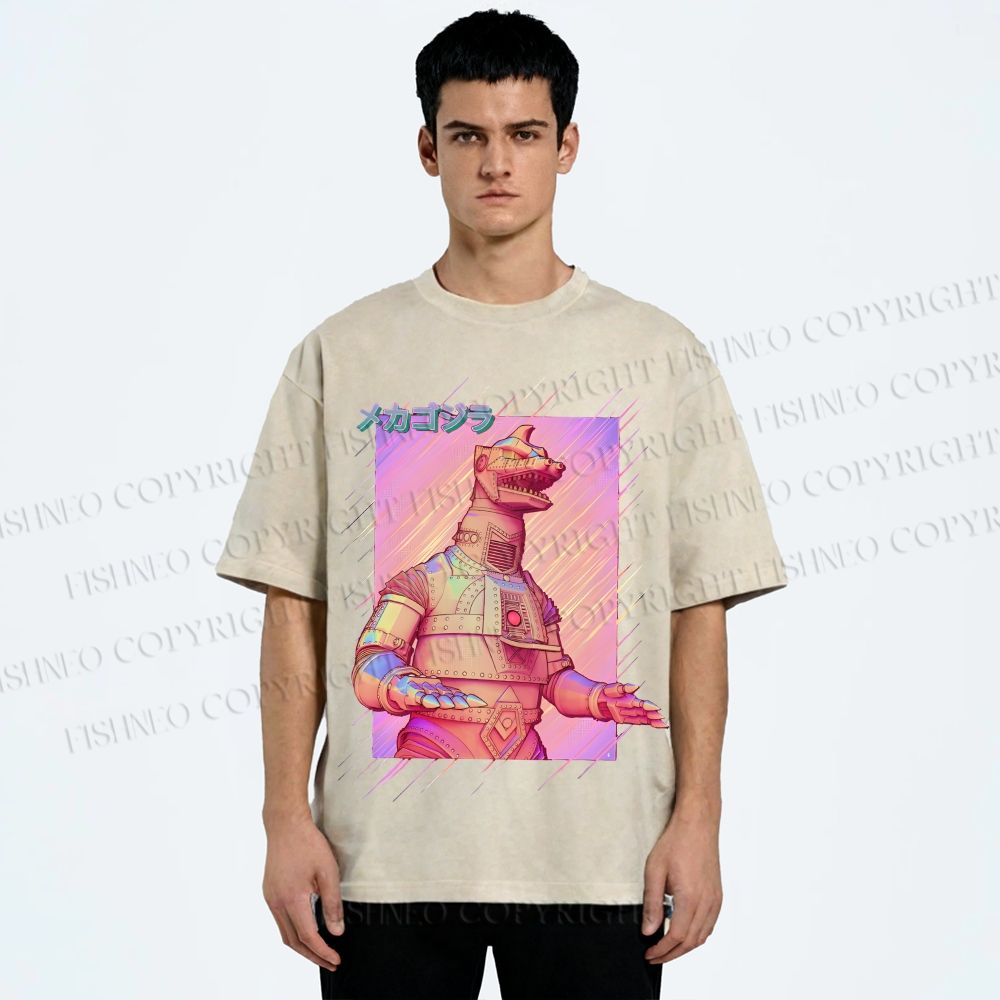 Unisex Pink MechaGodzilla Printed Washed Tee