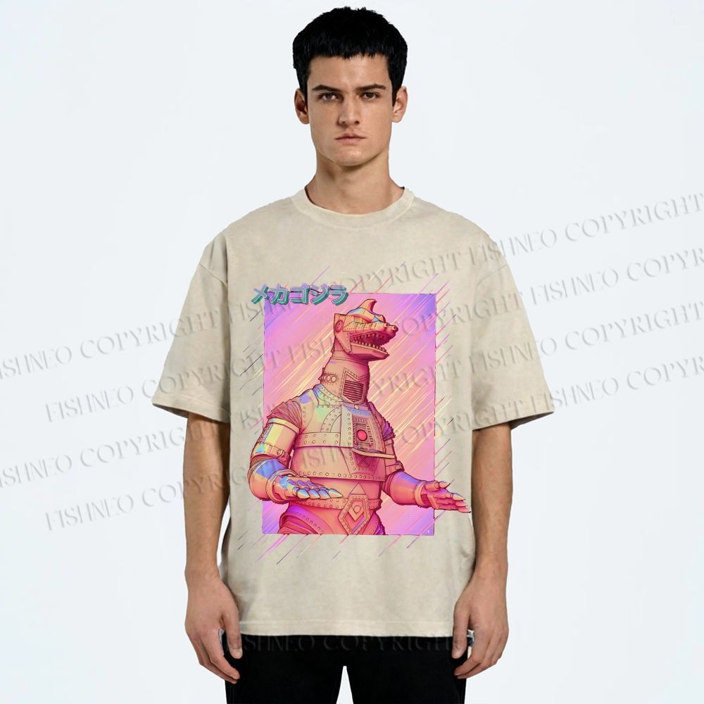 Unisex Pink MechaGodzilla Printed Washed Tee