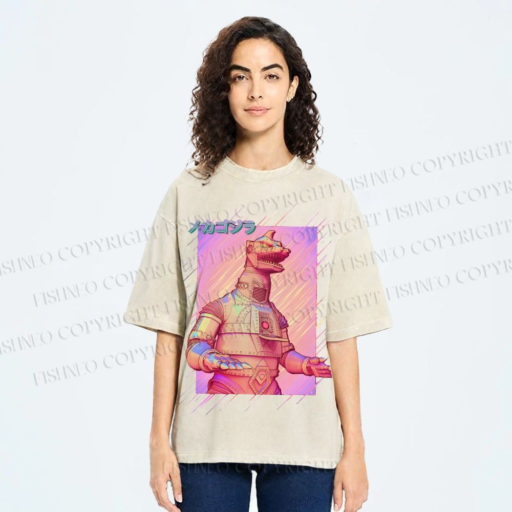 Unisex Pink MechaGodzilla Printed Washed Tee