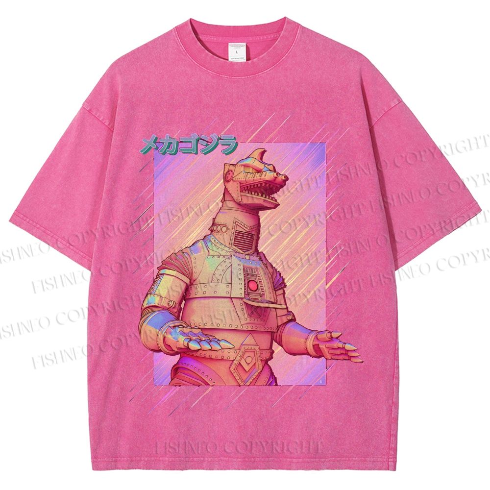 Unisex Pink MechaGodzilla Printed Washed Tee