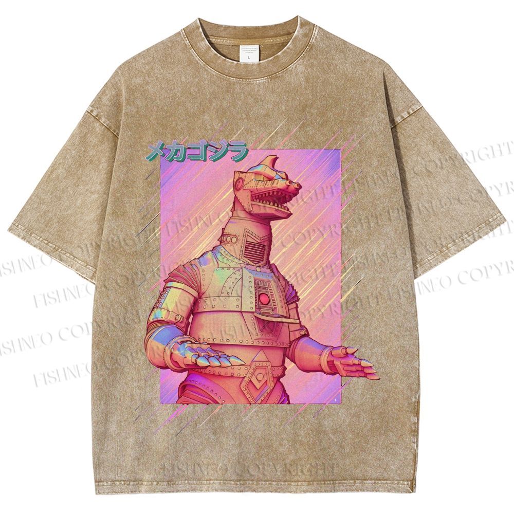 Unisex Pink MechaGodzilla Printed Washed Tee