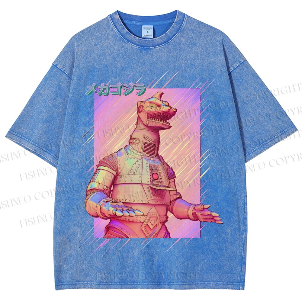 Unisex Pink MechaGodzilla Printed Washed Tee