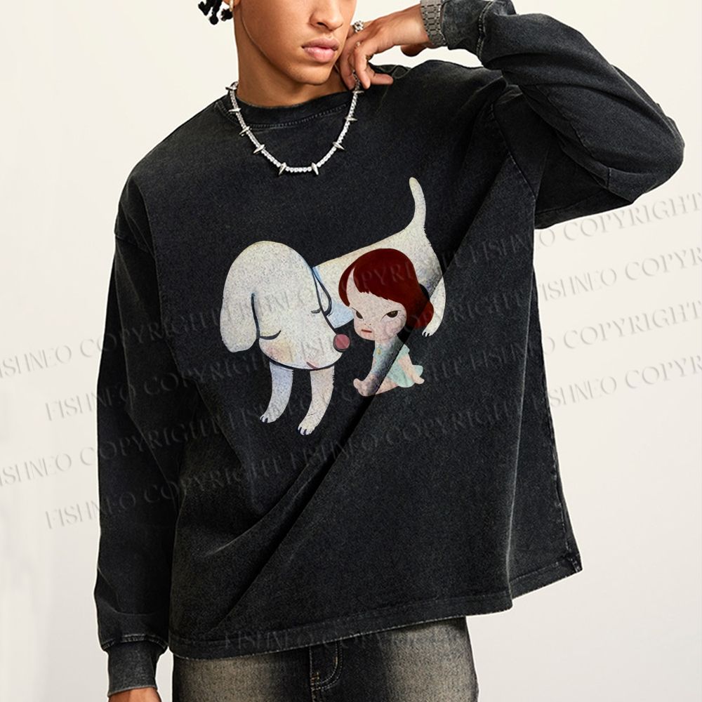 Unisex Casual Washed Yoshitomo Nara White Dog Printed Long Sleeve T-shirt