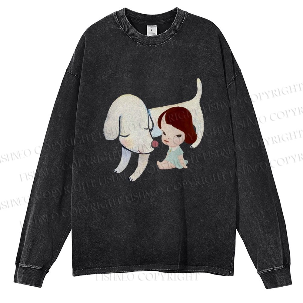 Unisex Casual Washed Yoshitomo Nara White Dog Printed Long Sleeve T-shirt