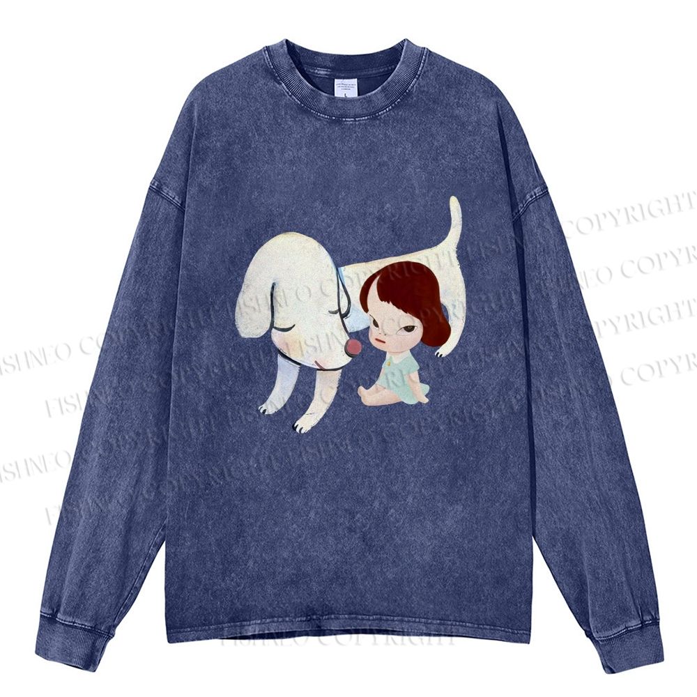 Unisex Casual Washed Yoshitomo Nara White Dog Printed Long Sleeve T-shirt