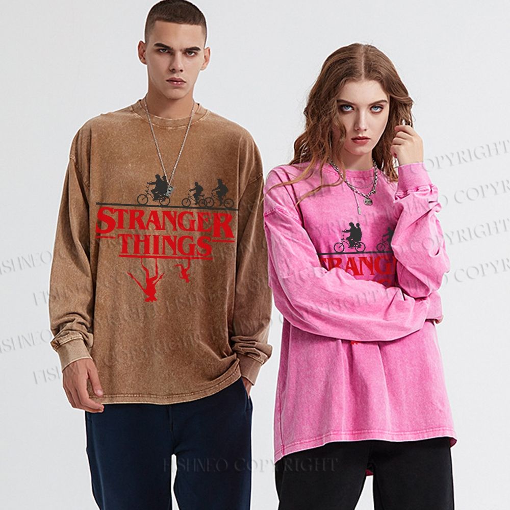 Unisex Casual Washed Stranger Things Printed Long Sleeve T-shirt
