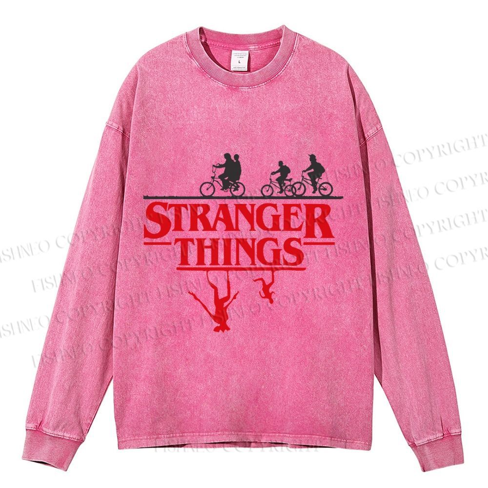 Unisex Casual Washed Stranger Things Printed Long Sleeve T-shirt