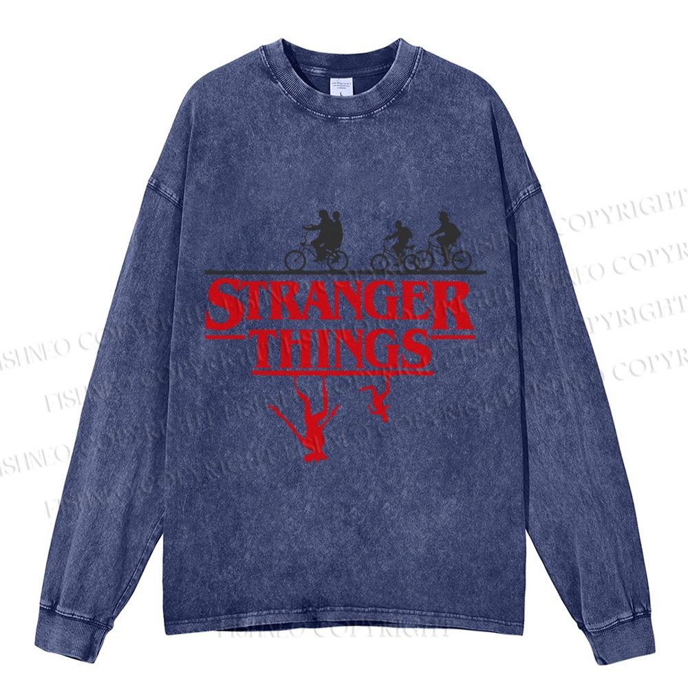 Unisex Casual Washed Stranger Things Printed Long Sleeve T-shirt