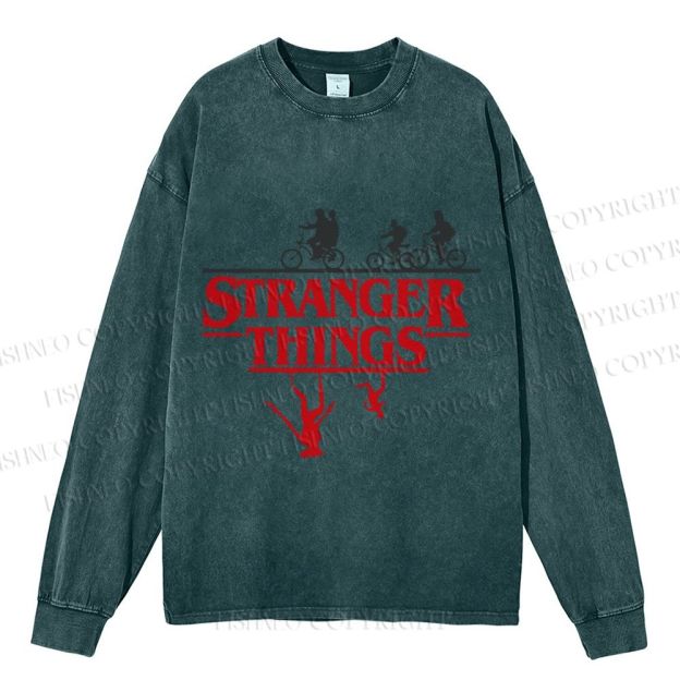 Unisex Casual Washed Stranger Things Printed Long Sleeve T-shirt