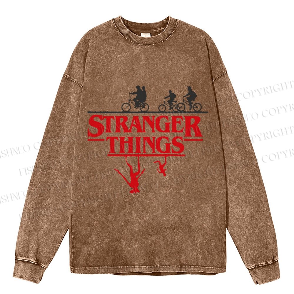 Unisex Casual Washed Stranger Things Printed Long Sleeve T-shirt