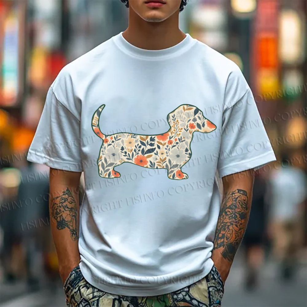 Unisex Classic Cotton Floral Dachshund Printed T-shirt