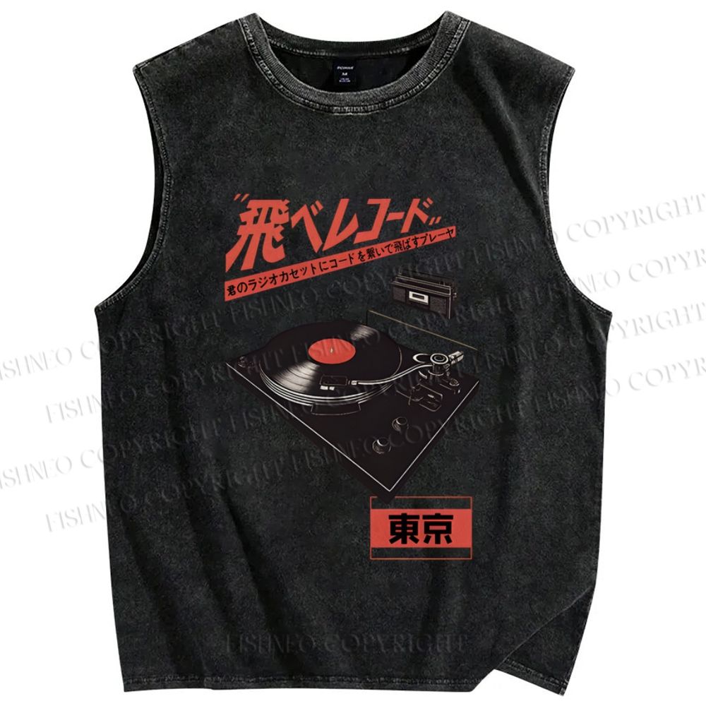 Unisex Retro Japanese Tokyo Music Printed Washed Tank Top
